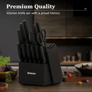Astercook 14 Pieces Knife Set, Kitchen Knives Set with Built-in Sharpener, Healthy Anti-Rust Coating & German Stainless Steel Knife Block Sets, Dishwasher Safe Black