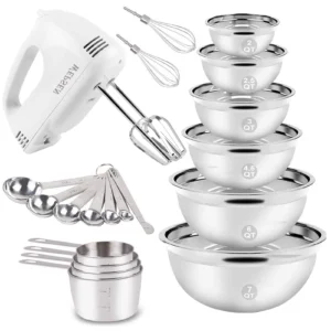 KOSBON Electric Hand Mixer Mixing Bowls Set, Upgrade 5-Speeds Mixers with Silver Nesting Stainless Steel Mixing Bowl, Measuring Cups and Spoons Whisk Blender - Baking Supplies for Cooking