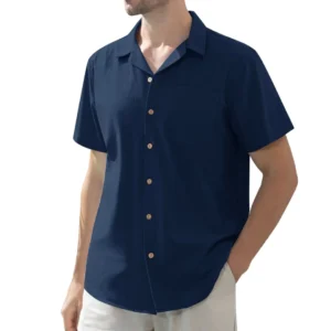 Alimens & Gentle Men's Linen Shirts Short Sleeve Hawaiian Button down Shirt with Pocket