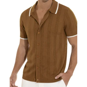Iceglad Men's Casual Button Down Shirt Short Sleeve Vintage Clothes Knit Polo Shirts Summer Beach Shirts